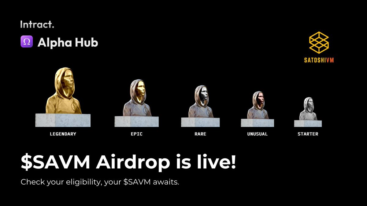 The $SAVM airdrop is LIVE! 🪂

Did you participate in the Satoshi Testnet? If you’re a true SatoshiVM Pioneer, you will receive an #airdrop of $SAVM. 

Participate now in this Alpha hub quest &amp; check your eligibility for the drop: link.intract.io/SatoshiVM

#SatoshiVM