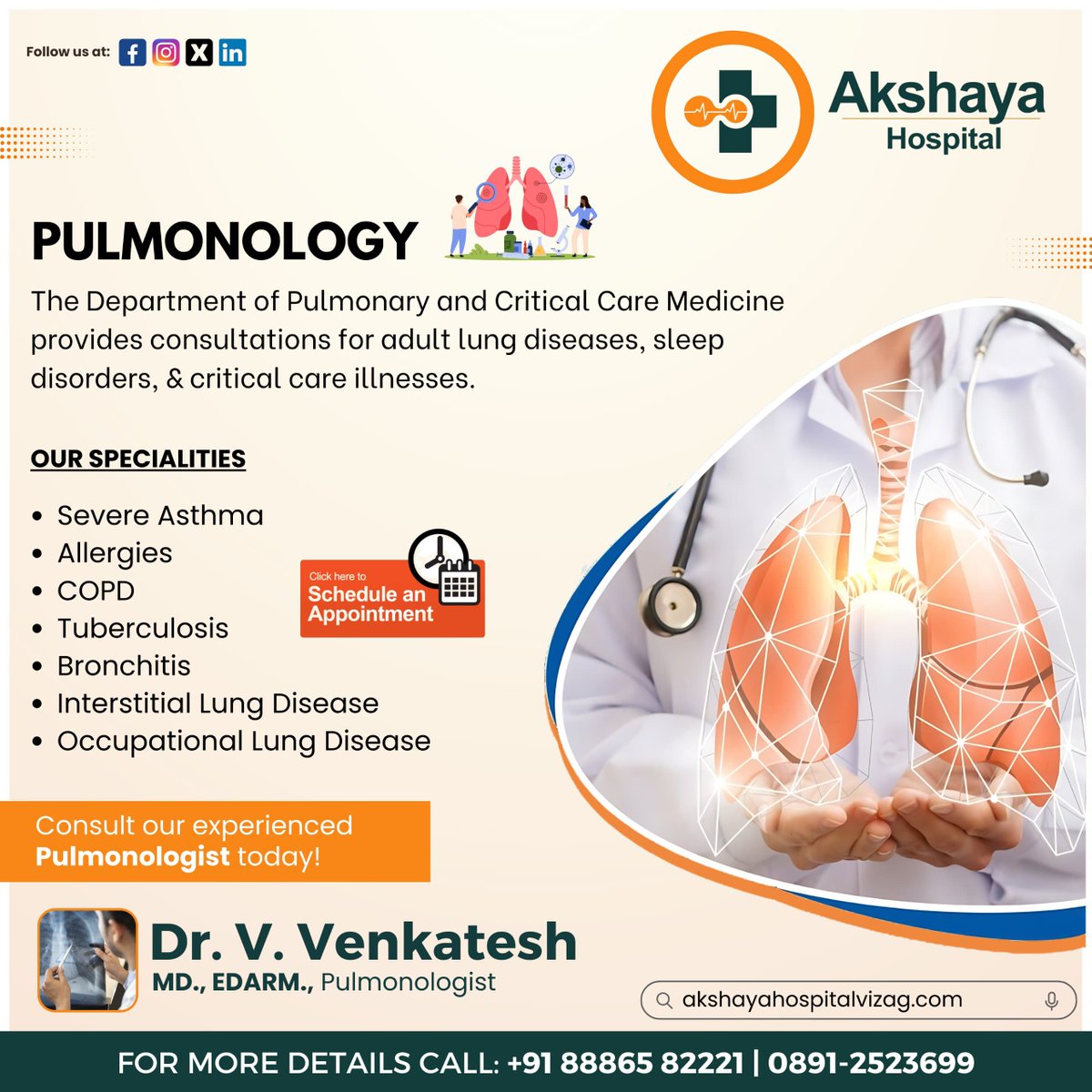 Inhale a breath of fresh air and exhale relief with Akshaya Hospital's cutting-edge Pulmonology care. 

Consult Now : +91 88865 82221 | 0891-2523699

#AkshayaHospital #BestMutispecialityHospital #BestPediatricHospital #BestPediatricDoctor #BestPediatricCare #BestHospitalVizag