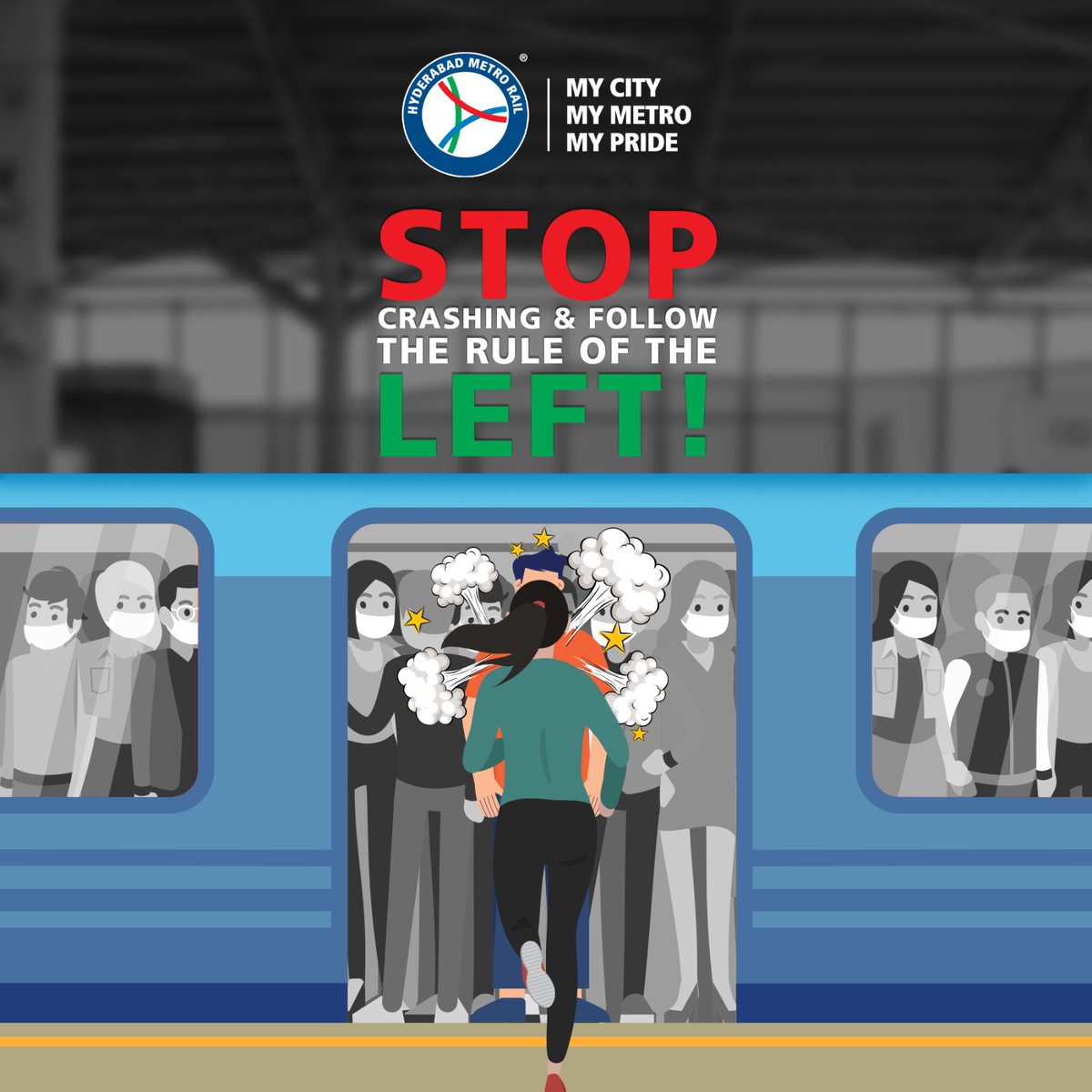 Remember, be it stepping in or stepping out, always follow the rule of the left to avoid crashing into your fellow passengers, be it while entering or exiting. #landtmetro #mycitymymetromypride #metroride #HyderabadMetro #MetroRail #metrostation #publictransport #SafeRahoYaaron…