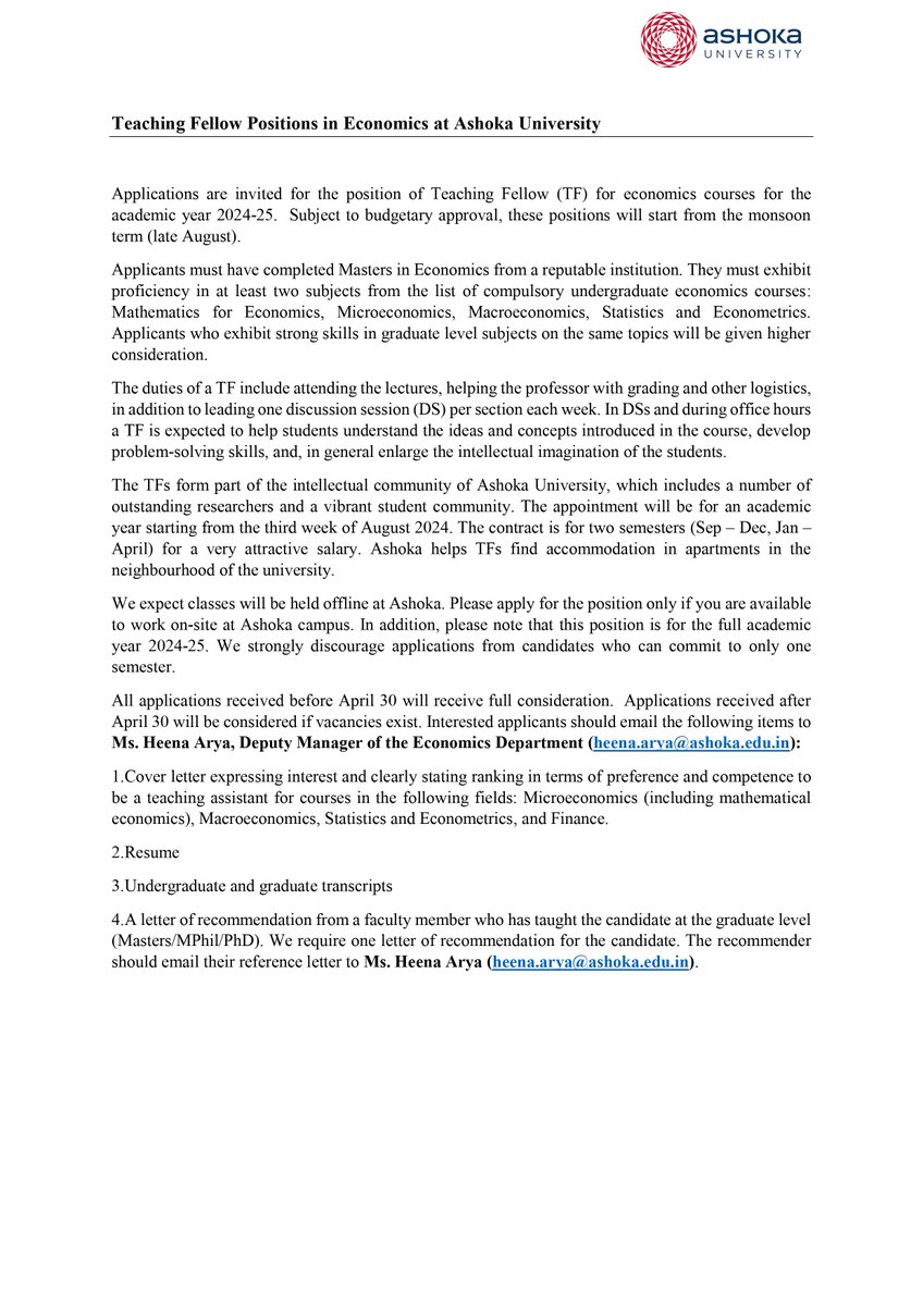 🚨🚨 WE'RE HIRING TEACHING FELLOWS 🚨🚨Great opportunity for those who want to pursue an academic career. Work with research-active faculty. Competitive salaries. Interested applicants should email Ms. Heena Arya at heena.arya@ashoka.edu.in. Apply and spread the word!