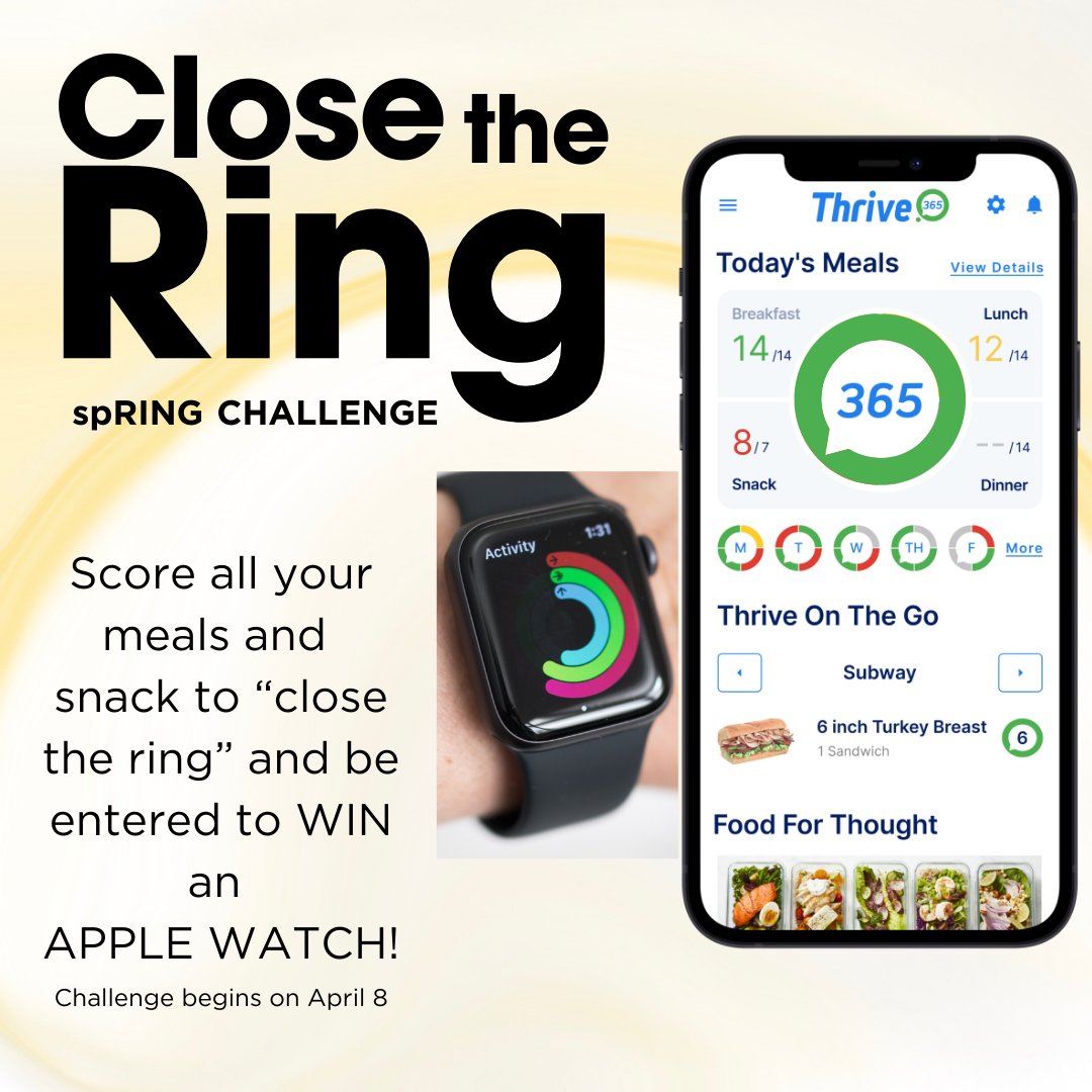 Get ready to spRING into action and achieve your health goals with our upcoming spRING Challenge! Starting April 8th, we're kicking off a special challenge designed to help you 'close the ring' and take your health to the next level.
#spRINGChallenge #CloseTheRing #Thrive365
