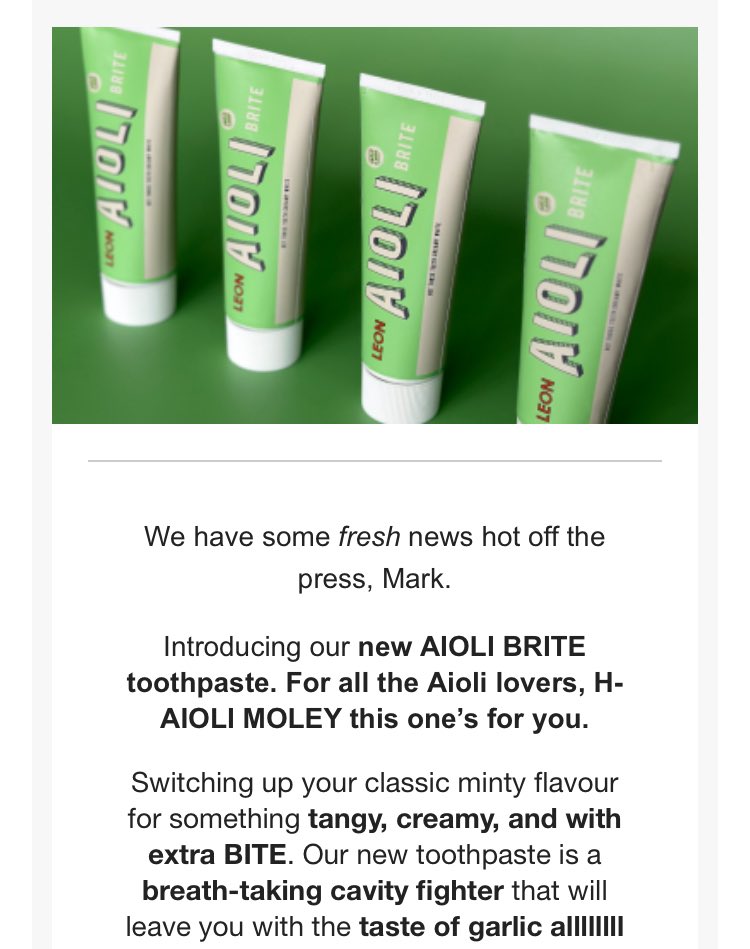 Garlic aioli toothpaste. April 1st shenanigans aside, I know a few raw garlic advocates who’d love this. Leon you’re on to something…