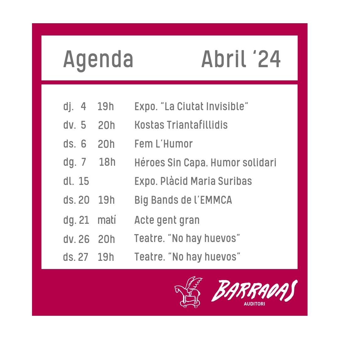 🙋‍♀️ Aquí teniu l'agenda del mes d'abril! #art #musica #humor #solidari #teatre ❗ Continuarem ampliant info auditoribarradas.cat