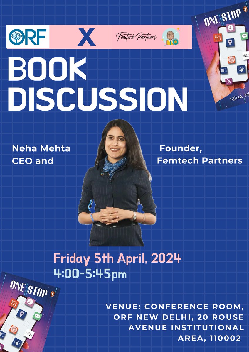 Excited to share that @orfonline is holding a book discussion of One Stop: Unlocking the Power of Superapps by fintech lawyer and award winning entrepreneur @NehaaMehtaa. We'll be diving into the future with Superapps. Can't wait to hear your thoughts! #ORF #OneStop