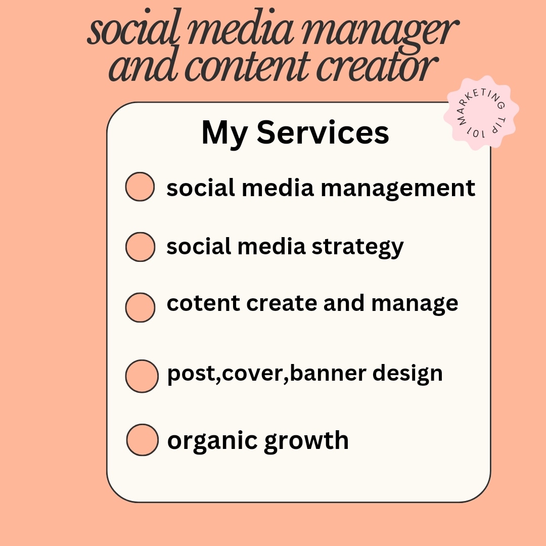 I am a social media manager and here are my services✅✅
Let,s make Your online presence shine✨✨✨ 
For any help feel free to DM me✅

#socialmediamanager #socialmediamarketing #socialmediastrategist