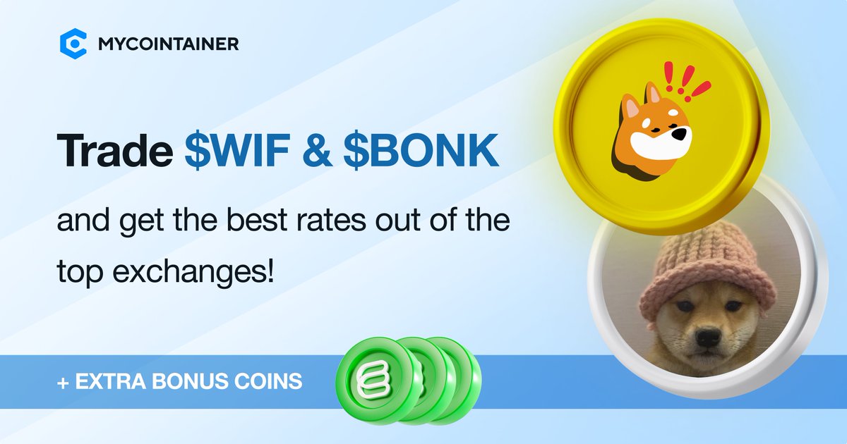 🚀 New on MyCointainer: $WIF & $BONK! 💱 Trade them with $USDT, $BTC, $EUR, or buy easily with a card. Plus, every transaction earns you $EARN bonuses! Start trading & earning now💥 #WIF #BONK #Solana #Memecoin mycointainer.com