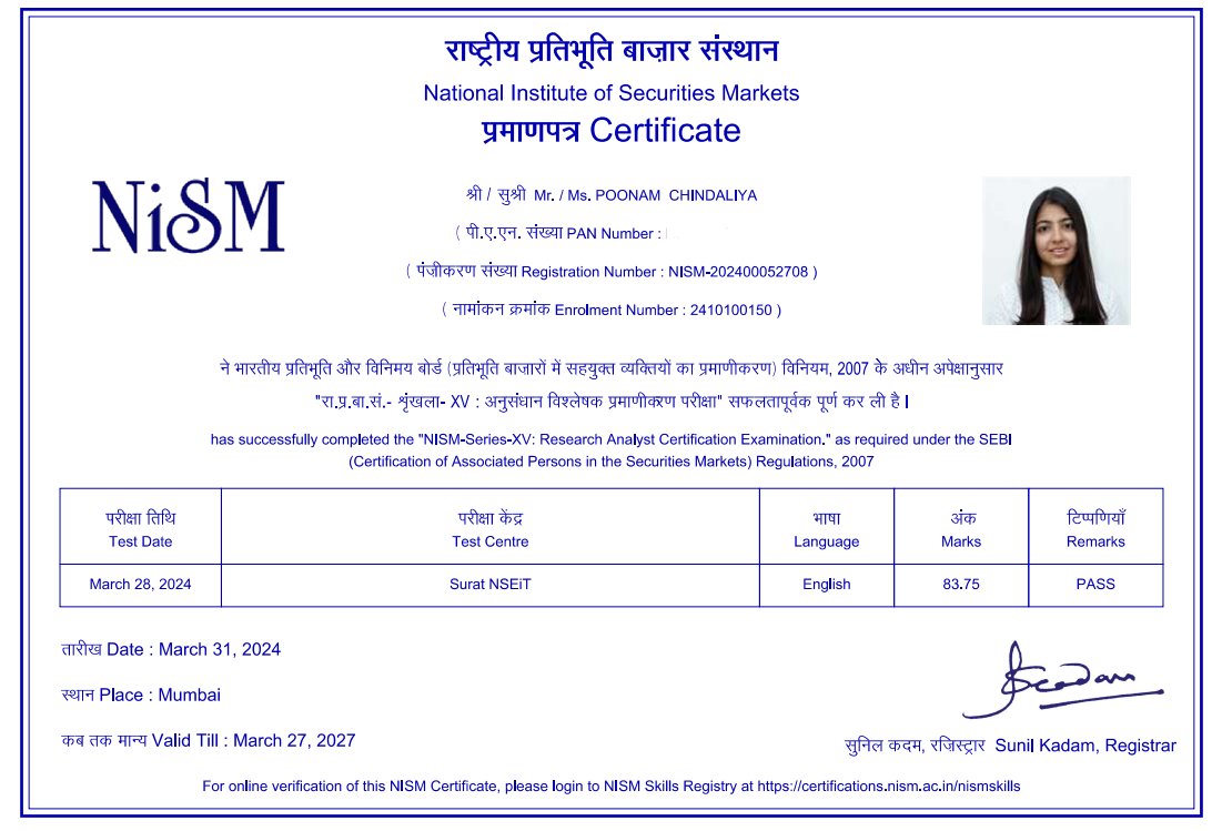poonam251's tweet image. Excited to share that I&apos;ve received my NISM certification for Research Analyst! 🎉 Finally another step closer to my dream. Ready to contribute positively to our financial landscape. Let&apos;s make informed decisions together!

#nism #nismcertified #researchanalyst