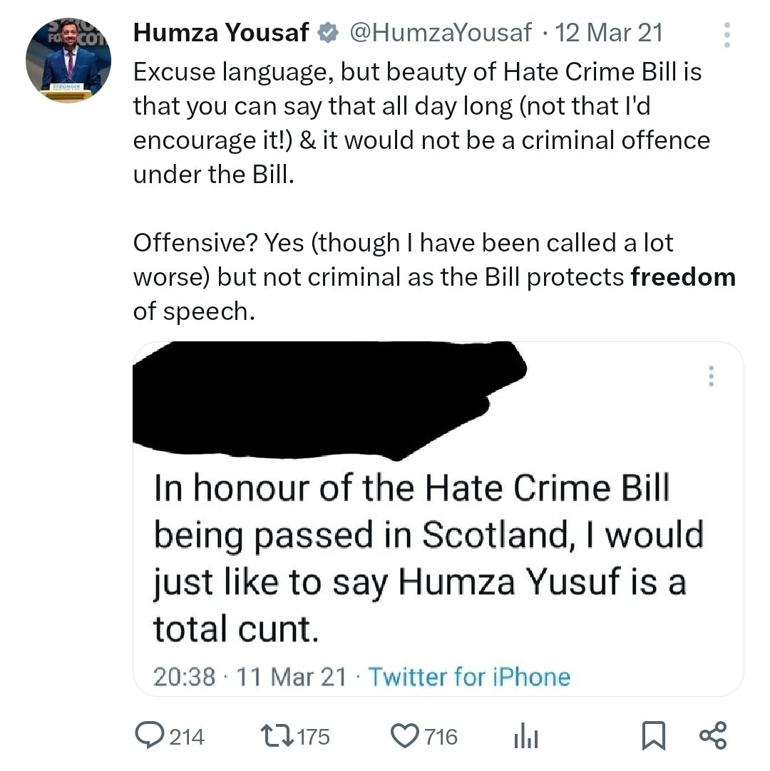 With the Scottish hate crime bill coming into effect today, can I just remind you all of this post from Humza Yousaf himself..

And yes, it is real twitter.com/HumzaYousaf/st…

#HumzaYousafIsATotalCunt

Remember to repost, it's not criminal as your freedom of speech is protected 😉