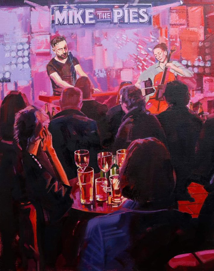 Heres the fab painting that @olive_stack painted of Aishling Fitzpatrick and @JackORourkes playing at @MikethePies . The music is just as good . Listen in on @louiseduffyshow on @rteradio right now