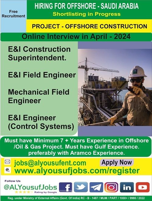 #JobsInSaudiArabia #Hiring for #Offshore Project. 
#Apply Now – jobs@alyousufent.com

#AlYousufJobs recruiting since 1984, registered under the following Ministry /Department
@MEAIndia @NCSIndia @NSDCINDIA @MSDESkillIndia
@NCSIndia @NSDCINDIA @MSDESkillIndia
