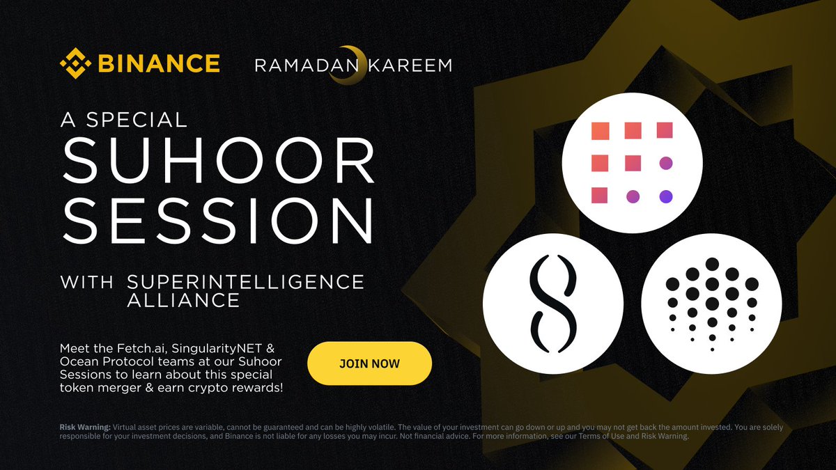 #Binance Suhoor Sessions with @Fetch_ai, @SingularityNET, and @oceanprotocol! Learn about their token merger in our detailed AMA session and get your queries addressed. #RamadanWithBinance Join us 👉🏻 ow.ly/VmUJ50R5CS3