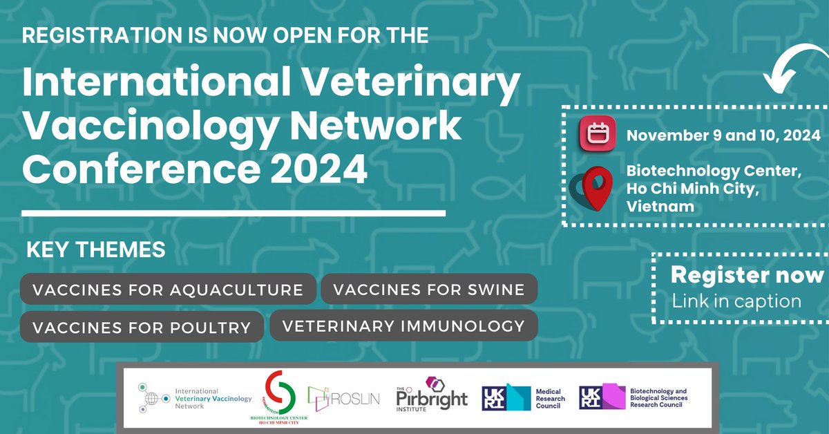 Registrations are now OPEN for the IVVN Conference 2024.🎉 Don't miss this opportunity for the global veterinary vaccinology community to meet, share insights, and foster partnerships. 🤝 Register here: edin.ac/3VD7qwv @roslininstitute @Pirbright_Inst @The_MRC @BBSRC