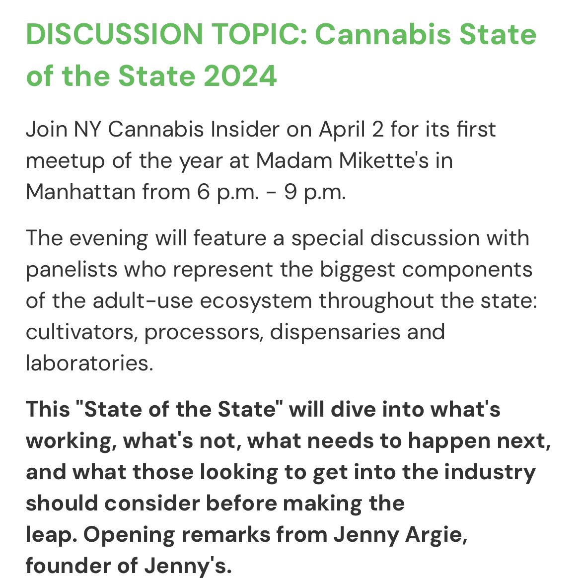 Join me tomorrow 4/2 for an exciting panel on #CowboyCarter   

Just kidding it’s about the NY weed industry but if you want to discuss the album please find me after the panel

Use code INSIDER for 20% off
cannabisinsiderevents.com/april2024

<a href="/NYCannaInsider/">NY Cannabis Insider</a>