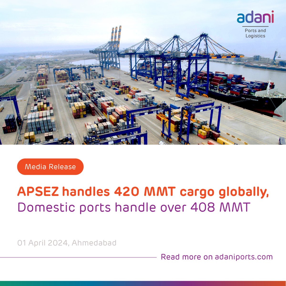 APSEZ Handles 420 MMT Cargo Globally, Domestic Ports Handle Over 408 MMT Read here: adaniports.com/Newsroom/Media…