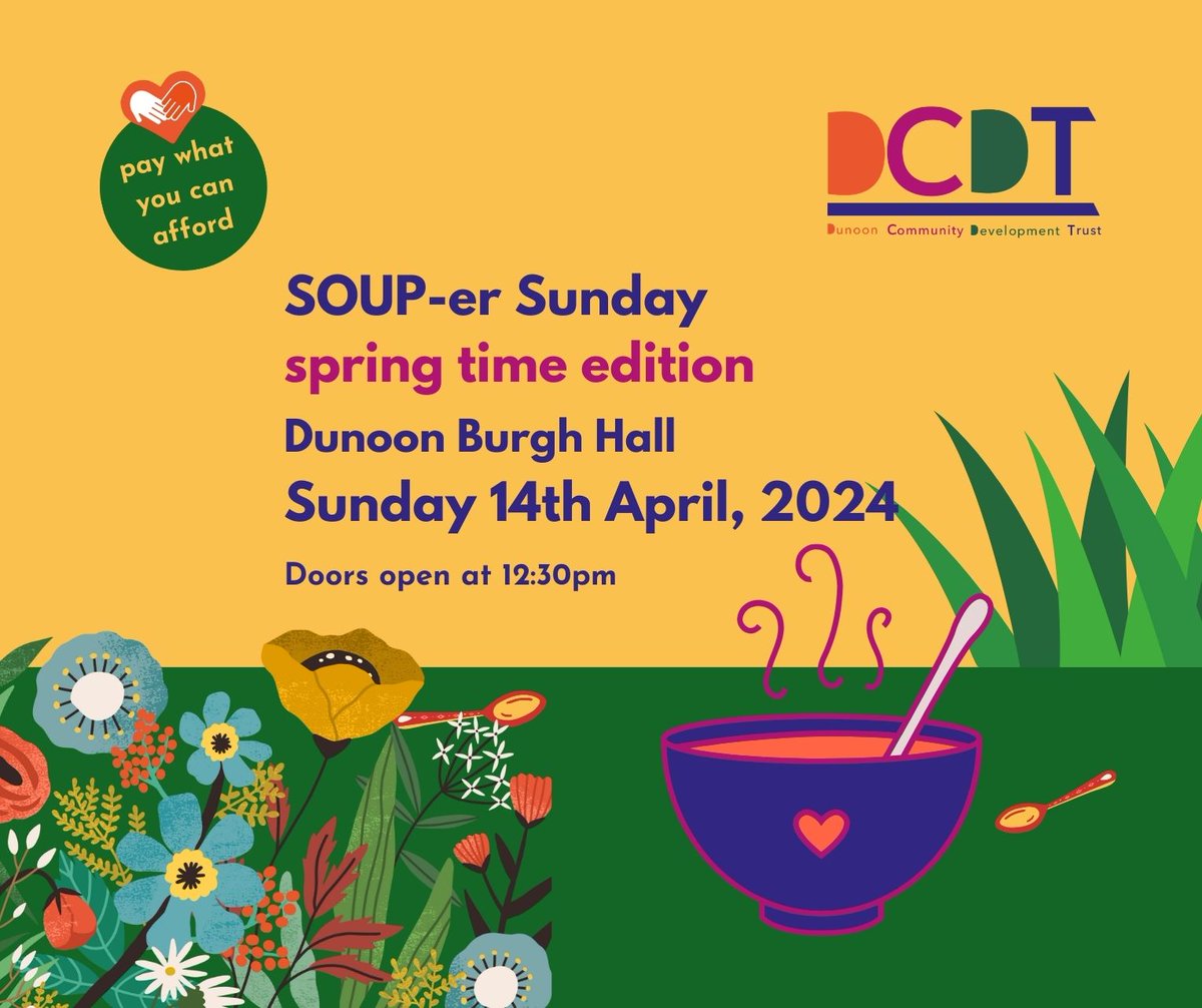 The next SOUP-er Sunday is on 14th April - get the date in your diary now! 🙂 Find out more about 'Grow Food Grow Dunoon' plans for a new Garden and growing site at Struan Lodge, and share your thoughts on green spaces, biodiversity and play spaces around the town.