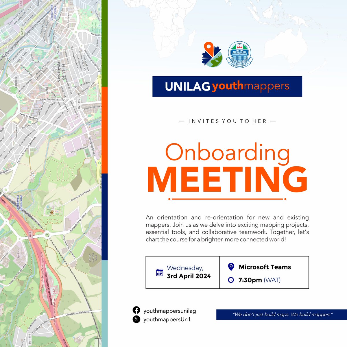 Hello Mapper, 🗺️ 

You're invited to UNILAG YouthMappers ONBOARDING MEETING scheduled to hold as follows:

📆 Wed Apr 03, 2024

⏰ 7:30 pm—8:30 pm (GMT+01:00)

Check your mailbox 📪 for the link 🔗 

See you 😌