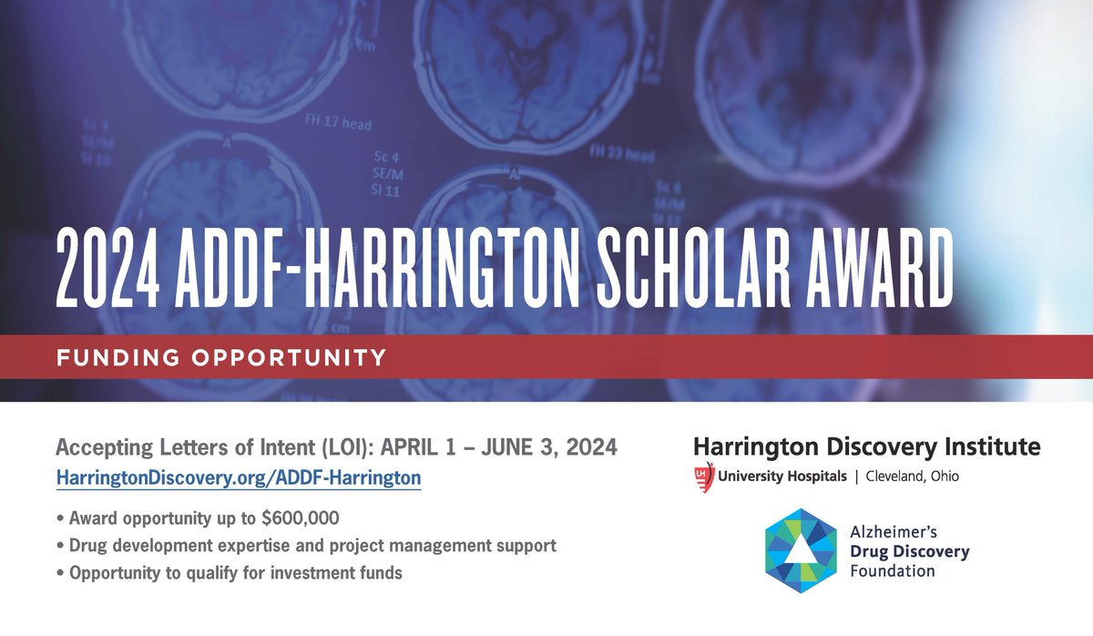 Calling all researchers! @TheADDF and Harrington Discovery Institute Center for Brain Health Medicines invite proposals for the 2024 ADDF-Harrington Scholar Award. Propel your Alzheimer's research forward! Learn more bit.ly/3PRv9E1 #ADDF #HarringtonScholar