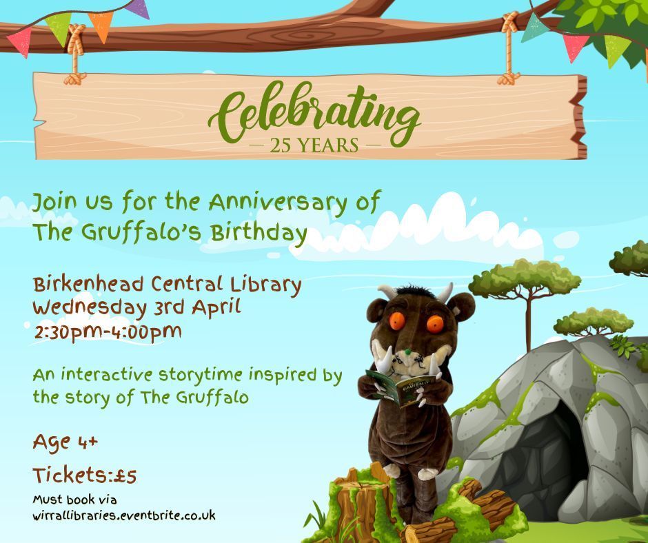 Don't miss out!! Book now to join the Gruffalo for his birthday celebrations on Wednesday April 3rd. Tickets are £5 from buff.ly/49PJYAx . A great afternoon of stories, crafts and lots of fun to celebrate 25 years of this very special story time favourite!