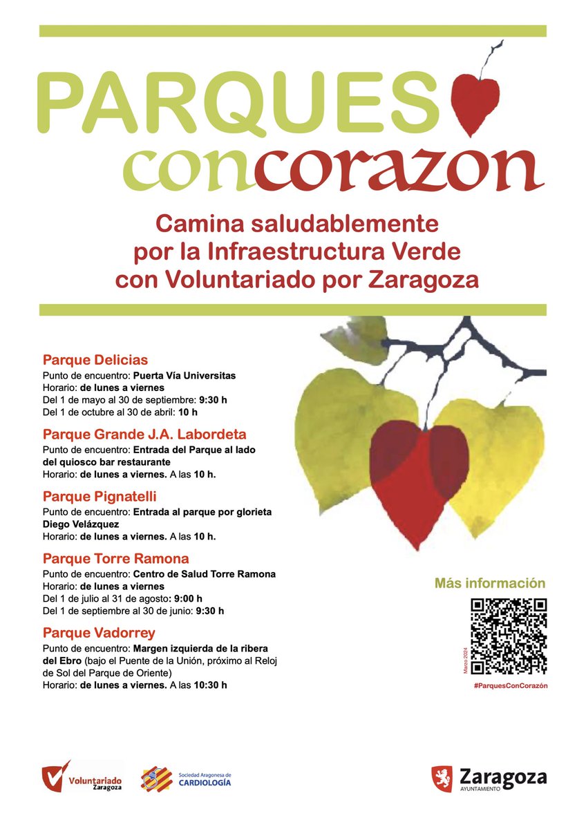 ¿Quieres caminar🚶🏻en #compañía saludablemente ❤️ por los #Parques de #Zaragoza con Voluntariado por Zaragoza? Lo tuyo es #ParquesConCorazón. Vuelve el Parque Grande JA Labordeta. Nuevos horarios. 🌳Lo verde nos da #salud. #ActividadFísica 📲 zaragoza.es/sede/portal/me…