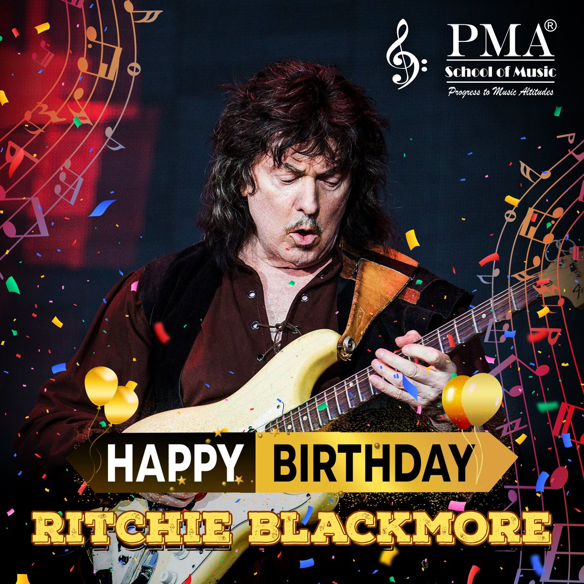 🎉🎸 Happy Birthday Ritchie Blackmore! Your legendary riffs have inspired countless students at PMA School of Music. From Deep Purple's fire to Blackmore's Night's enchantment, you've shown us the power of musical evolution. Cheers to more years of inspiration! 🎂🌟  #MusicLegend