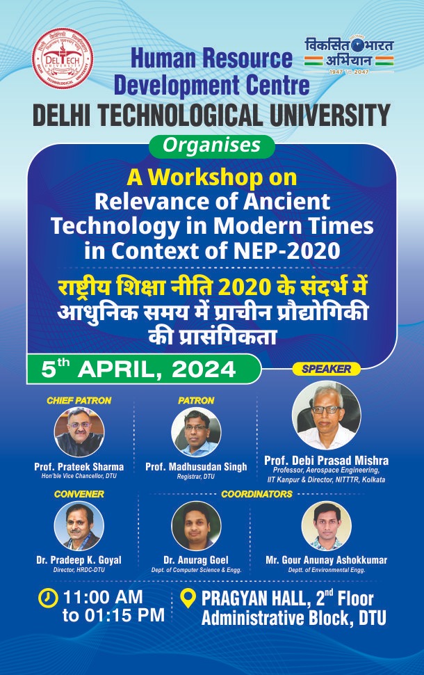 Human Resource Development Centre DELHI TECHNOLOGICAL UNIVERSITY Organises A Workshop on Relevance of Ancient Technology in Modern Times in Context of NEP-2020 on 5th April 2024.