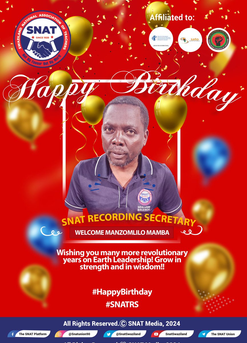 Today (01-04-2024) is the day of birth for the SNAT Recording Secretary (RS)-Welcome Manzomlilo Mamba. Wishing him a beautiful day today and many more years of wisdom and health. #HappyBirthday #SNATRS