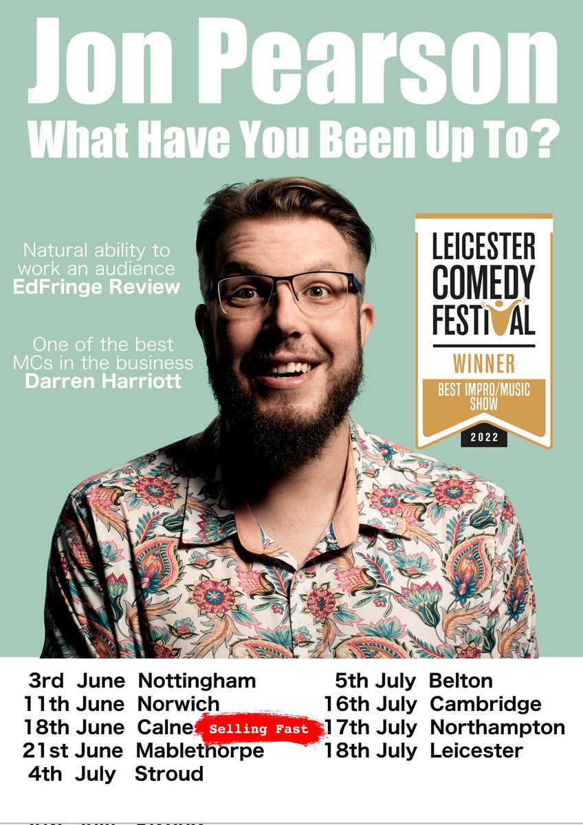 I'm off on my debut tour, a little one to start with during June and July. Tickets officially on sale via this link linktr.ee/jonnyp_comic Can't wait! Already got Calne selling fast! Which is lovely! #Tour #comedy #Standup #DebutTour