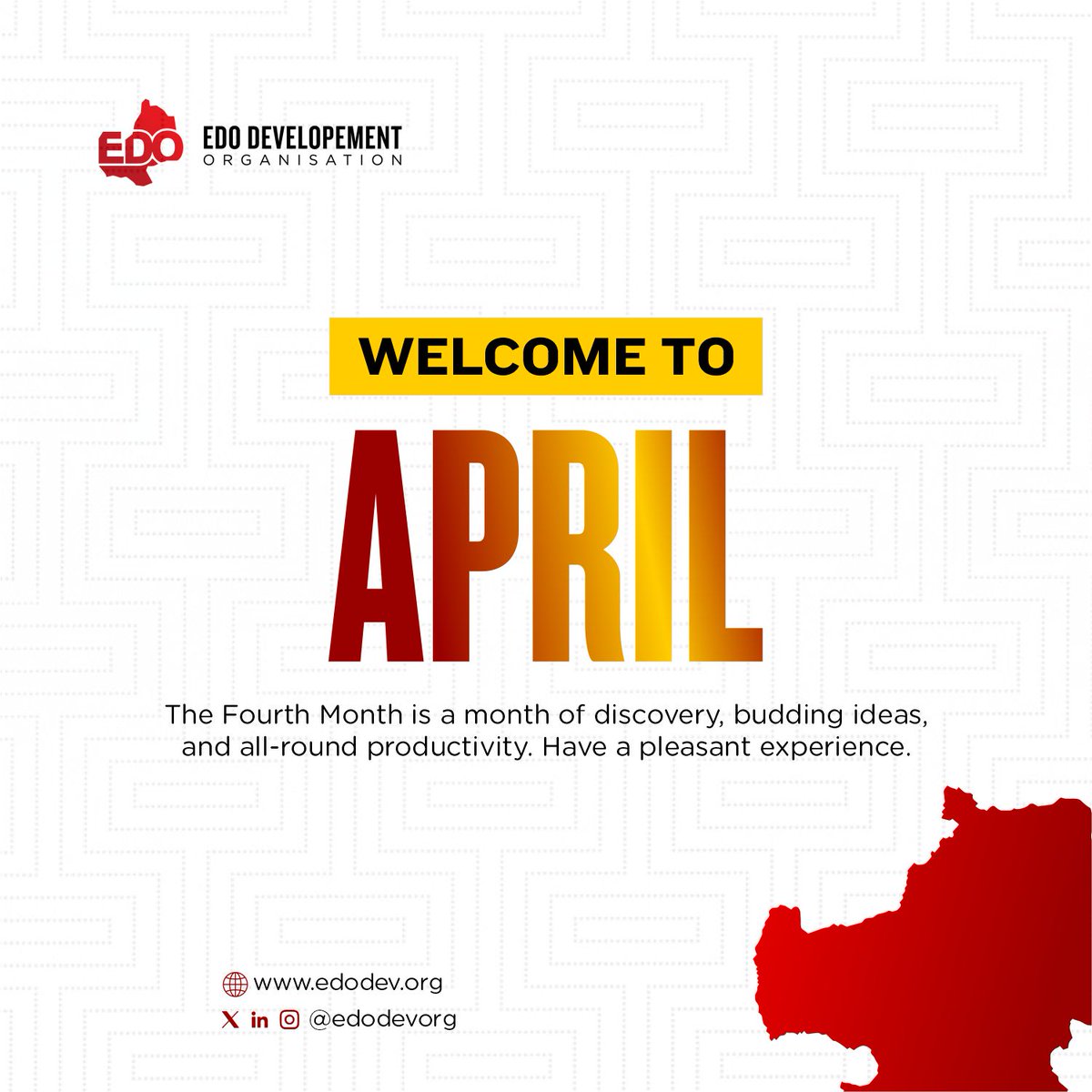 edodevorg's tweet photo. Welcome to April.
May the beginning of this second quarter prove to be the beginning of remarkable achievements for you and yours.
Happy New Month,
From all of us at Edo Development Organisation.
#HappyNewMonth
#EdoDevOrg
#EdoDevelopmentOrganisation https://t.co/pci6kcc6xU