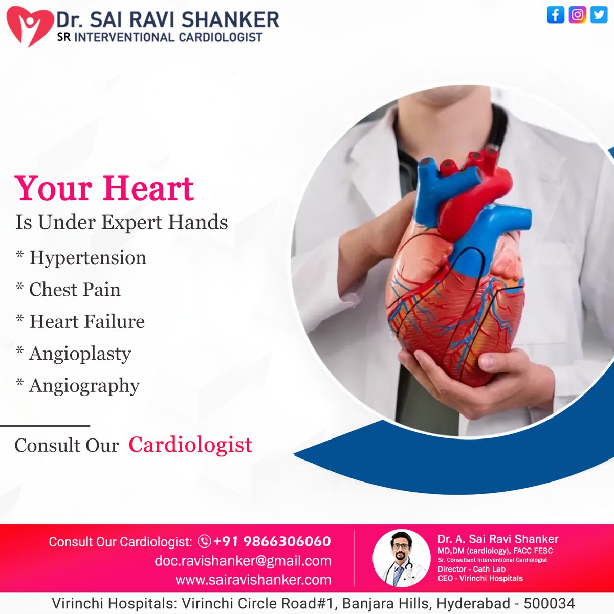 Heart experts handle #highbloodpressure, #chestpain, and #heartproblems. Angioplasty and angiography help #diagnose and #treat heart issues. Spread awareness about heart health.

#Drsairavishankar #cardiologist #consultantcardiologist #cardiologydoctor #InterventionalCardiologist