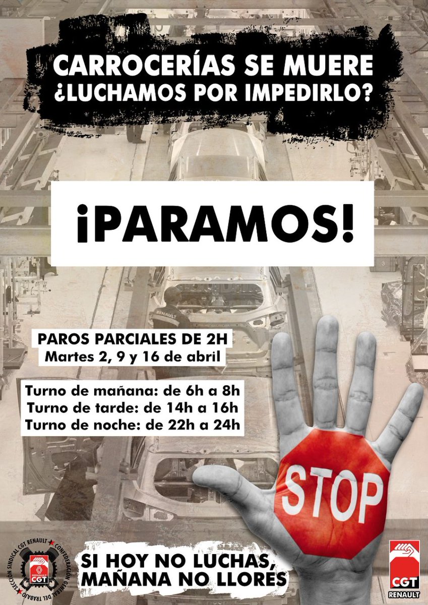 CGT_CyL's tweet photo. [VALLADOLID] Mañana comienzan los paros en la Factoría de Carrocerías de Renault convocados por @cgtrenault 

#Carroceriassemuere https://t.co/GLQEepAW1L