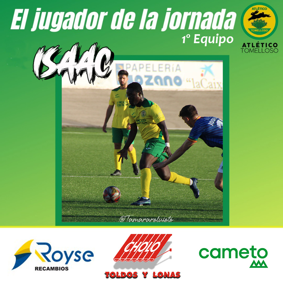 AtlTomelloso's tweet photo. 👉 EL JUGADOR DE LA JORNADA - PRIMER EQUIPO 👈

El mejor del partido del Tercera fue... 🥁

🥇 Isaac @isaac_appiah_14 

⚽ Durante todo el encuentro muy bien ordenado tácticamente 🔥 y ganando sus duelos individuales 💯👏.

¡Enhorabuena! 🎉

#AtléticoTomelloso #PrimerEquipo#Mvp https://t.co/rkeVKUAEvl