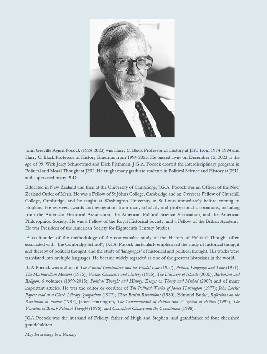 This month’s blogpost reflects on an event celebrating the life of the renowned historian and ‘model citizen’ John Pocock, who died in December 2023. rachelhammersley.com/new-blog/2024/…