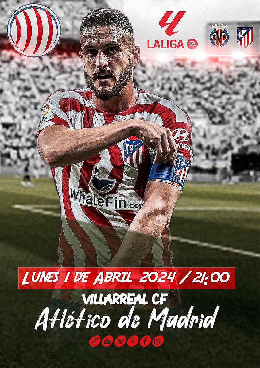 𝘿𝙄𝘼 𝘿𝙀 𝙋𝘼𝙍𝙏𝙄𝘿𝙊 ⚽

🗓 Jornada 30 @LaLiga 
🆚 @VillarrealCF 
🏟 Estadio de la Cerámica        
⌚️ 21:00 H.

🔴⚪️Vamos @Atleti 🔴⚪️
 #AupaAtleti  #NuncaDejesDeCreer #UniónEsAfición #VillarrealAtleti