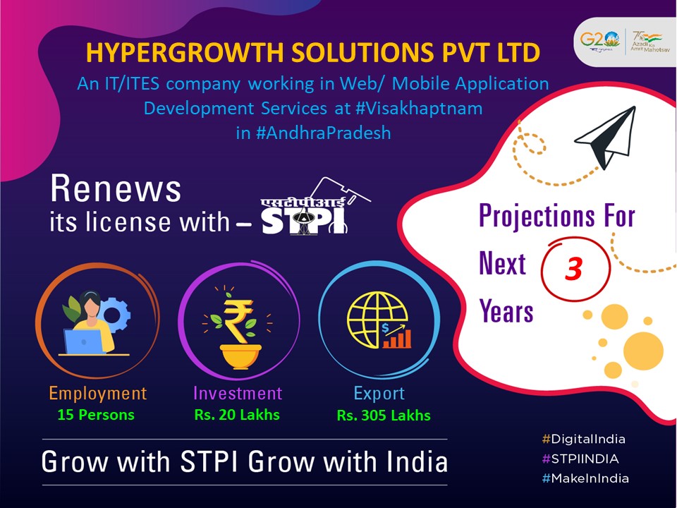 Congratulations M/s. HYPERGROWTH SOLUTIONS PRIVATE LIMITED for renewal of license #GrowWithSTPI #DigitalIndia @GoI_MeitY @arvindtw @DeveshTyagii @KavithaC8 @stpiindia #STPIINDIA #startupindia