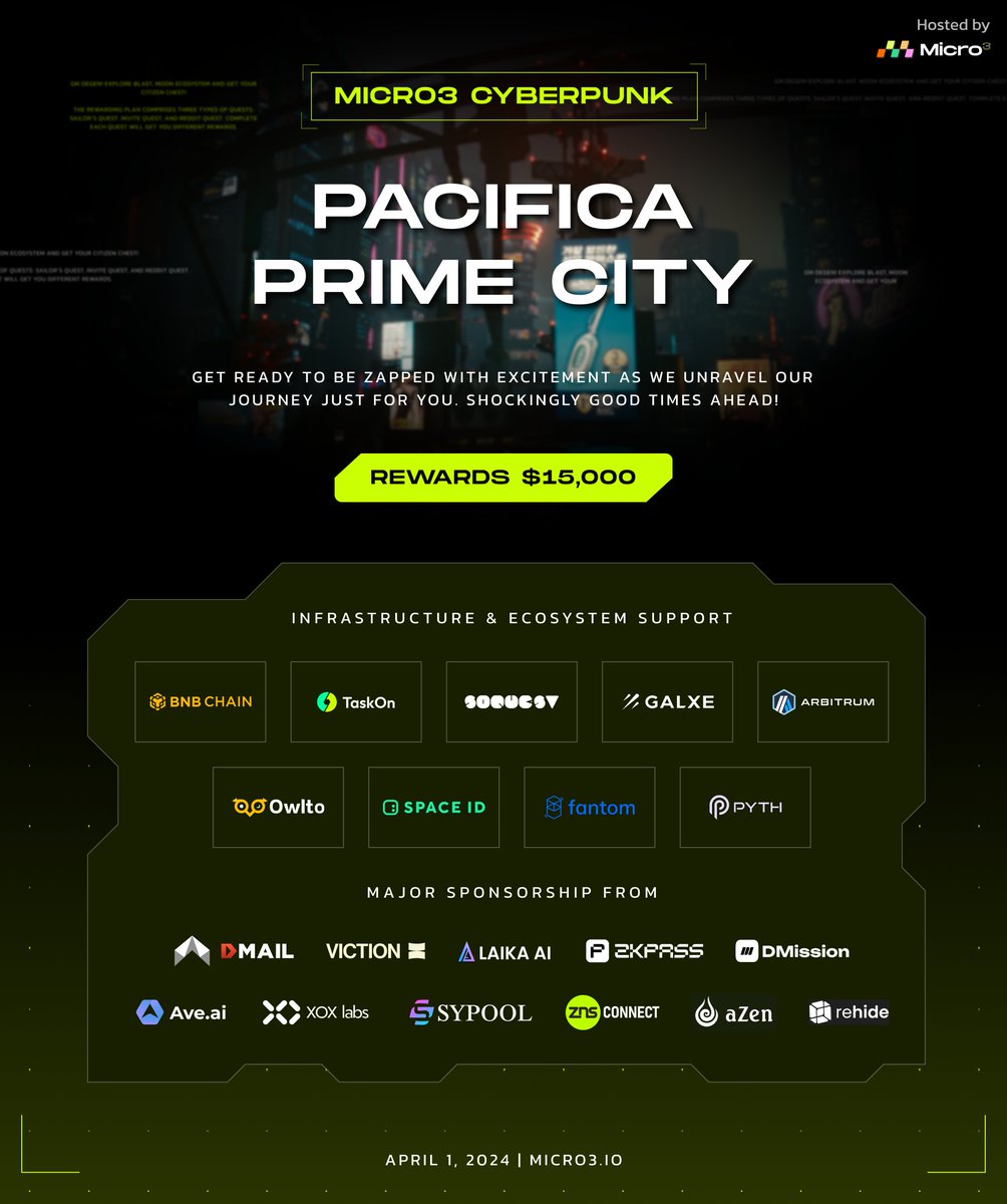 Explore the #Micro3 CyberPunk: Pacifica Prime City! Dive into the electrifying world of innovation and discovery at → micro3.io/cyberpunk, where boundless opportunities await. 🎁 Win big with hundreds of prizes and rewards waiting for brave explorers. 💸 Brace yourself…