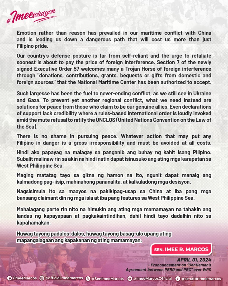 .@SenImeeMarcos sees danger in President Marcos Jr's signing of Executive Order 57: Emotion rather than reason has prevailed in our maritime conflict with China and is leading us down a dangerous path that will cost us more than just Filipino pride.