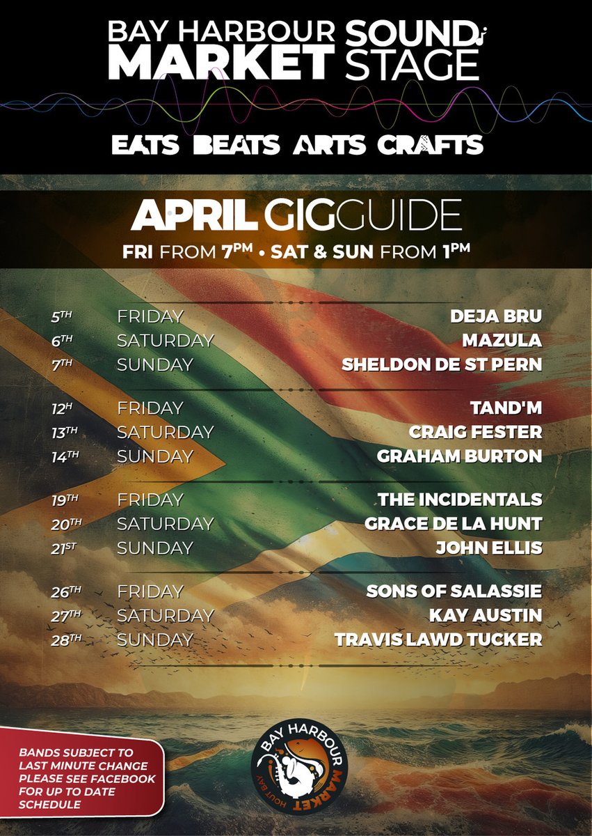 April is alive with the sound of music at Bay Harbour Market! 🎶✨
This month, we're turning up the vibe with our electrifying gig-guide, featuring the best of local talent ready to rock our sound stage every weekend! 🎤🎸 

#BayHarbourMarket #AprilGigs #LocalTalent