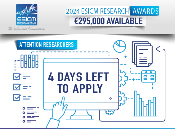 🔬Last call for the ESICM Awards 2024! 14 grants for a total value of €295K, including 2 industry awards: 🔹ESICM- @FreseniusKabi #ClinicalNutrition Award 🔹ESICM-Jordi Mancebo @fphcare Award on #ARF Submit your research before 4 April, 23:59h CEST!👉 loom.ly/Im7iaH4