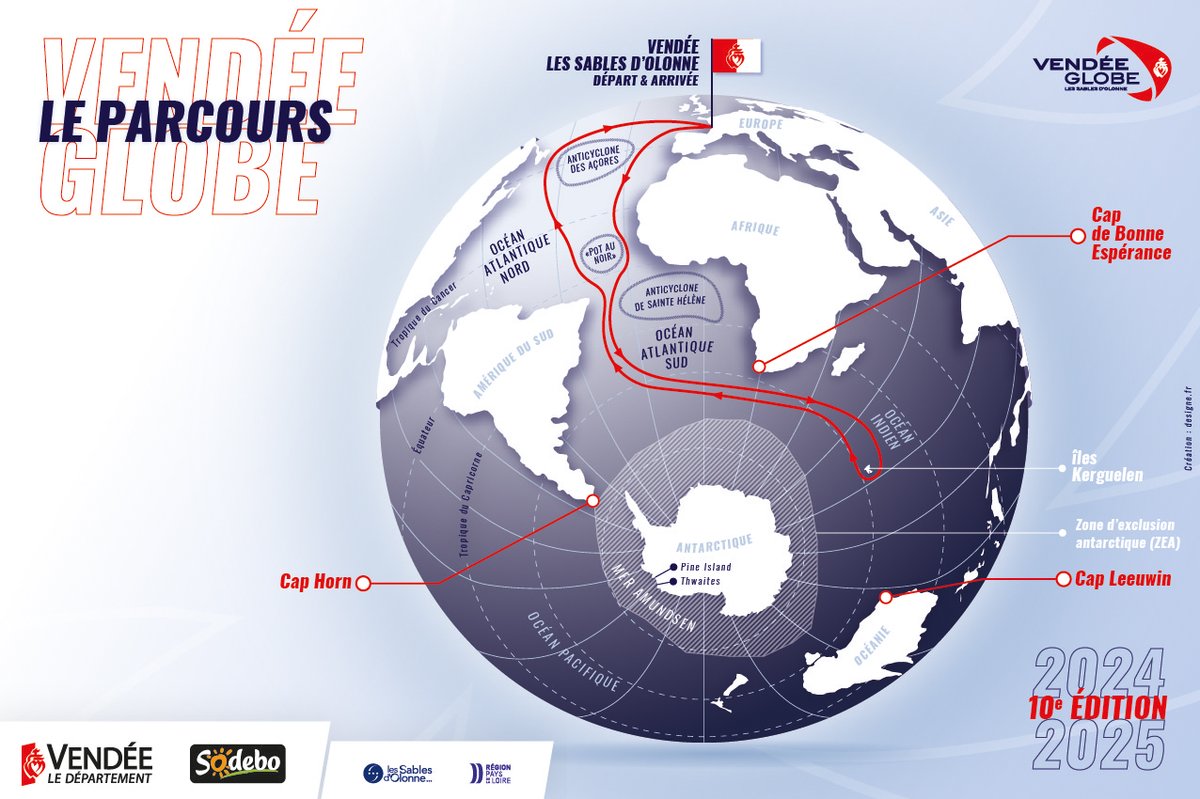 🚨Cette année, le Vendée Globe ne contournera pas l'Antarctique mais les îles Kerguelen. En cause : un nombre d'icebergs trop important au large du cap Horn, empêchant les skippers de passer le célèbre cap et emprunter le canal de Drake, la ZEA (zone d’exclusion Antarctique)