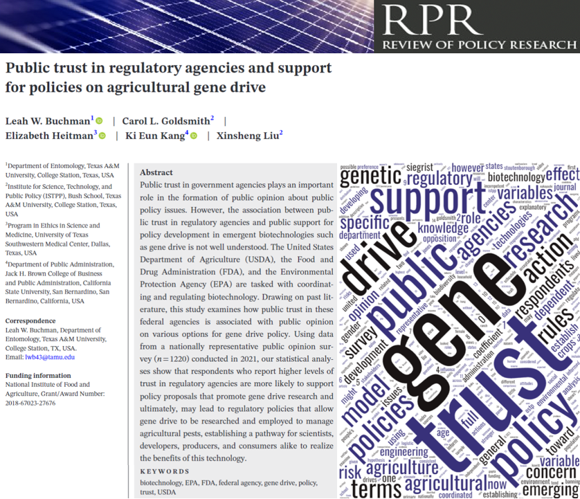 In this research, L W Buchman, C L Goldsmith, E Heitman, K E Kang, and Liu Xinsheng examine the relationship between public trust in federal agencies and public opinion on gene drive policy options. @WileyPolitics @PolicyStudies @STEP_APSA onlinelibrary.wiley.com/doi/full/10.11…