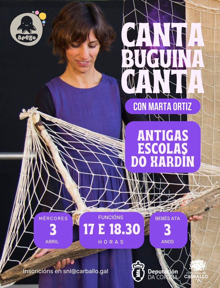 Aquí tes unha actividade con moito #Apego 👶
Marta Ortiz presenta 'Canta, buguina, canta!', un espectáculo para bebés de ata 3 anos.

📆 3 de abril
🎫 Funcións ás 17.00 e 18.30 horas
📍 Antigas escolas do xardín

Inscricións en snl@carballo.gal