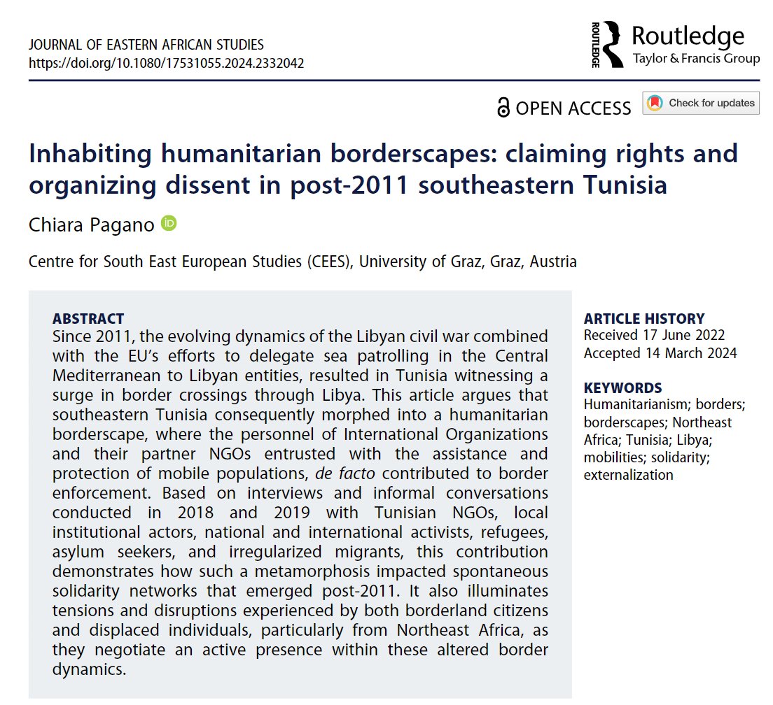 Now online (Open Access): Inhabiting humanitarian borderscapes: claiming rights and organizing dissent in post-2011 southeastern #Tunisia by Chiara Pagano doi.org/10.1080/175310… @CSEESGraz