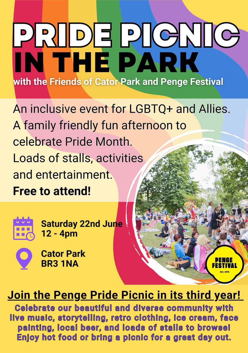 Save the date and come along to our inclusive family event as part of Pride month and the Penge festival … @eastpengegarden @PengeTheatre @thepengetourist @Se20Winnie @SE20Penge @Beckenham @BeckenhamBuzz @cpp_friends @CPFestivalUK