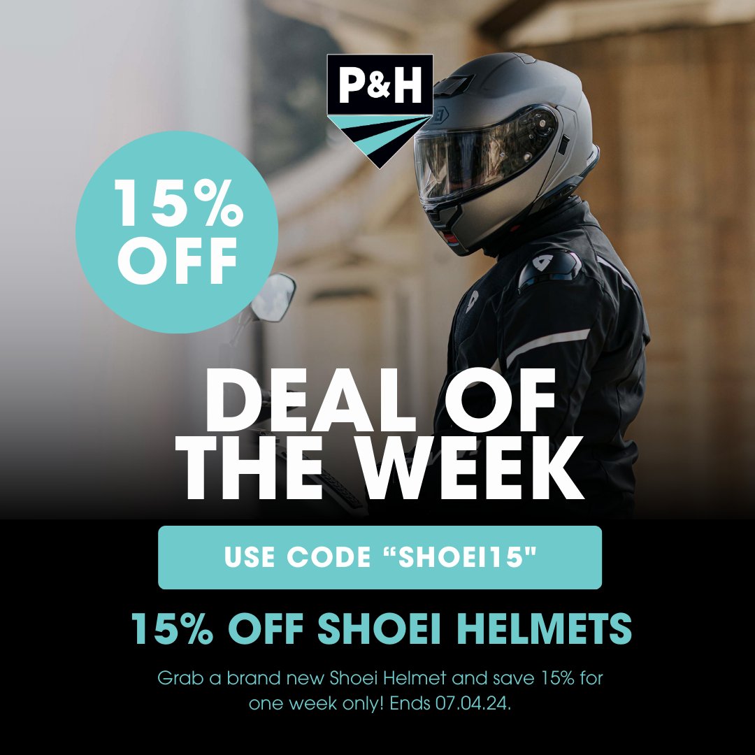Deal of the Week: 15% off @ShoeiHelmetsUK Helmets!* Use code 'SHOEI15' or pop into store from tomorrow to shop. Shop Now ➡️ bit.ly/499dkIY *Full price items only. Ends 07.04.24.
