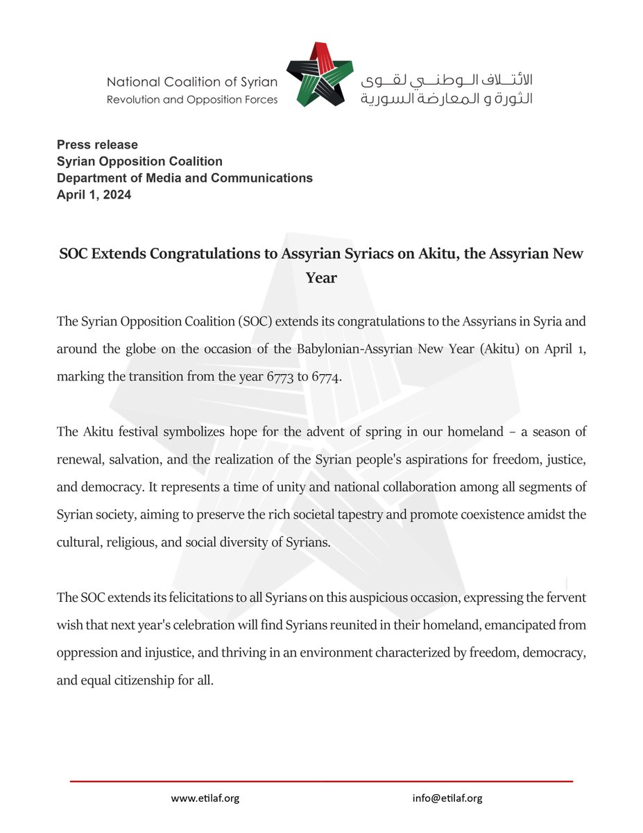 Press release Syrian Opposition Coalition Department of Media and Communications April 1, 2024 SOC Extends Congratulations to Assyrian Syriacs on Akitu, the Assyrian New Year Read: tinyurl.com/223baedj