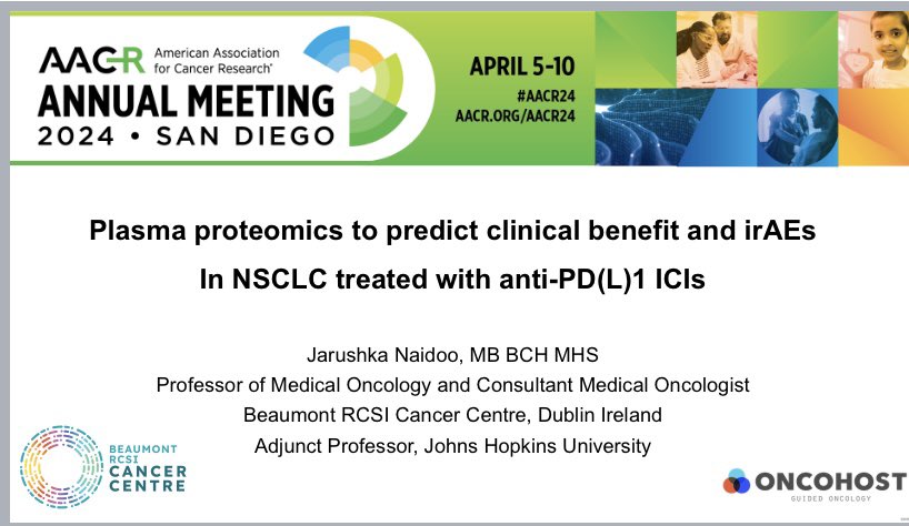 T-5 days to #AACR24 in San Diego ☀️ Pleased to present collaborative work on proteomic signatures to predict for irAEs in pts with NSLC, at a special symposium on biomarkers of IO 📆Sunday April 7 ⏱️ 3-5pm Join us! @CancerCentreIre @RCSI_Research @IrishLungCancer #LCSM