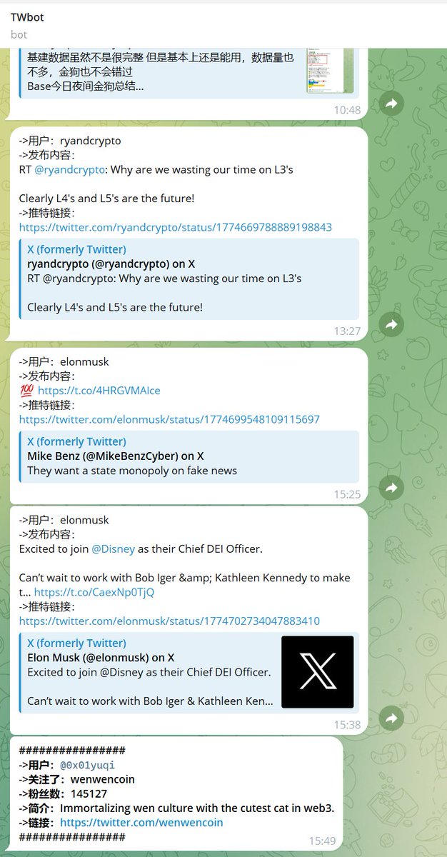 【限时免费】开放体验推特监控机器人
1.监控推文（实时检测延迟30s）
2.监控关注
3.重大项目电话提醒（实时检测延迟30s  BOT电话call无延时）

t.me/yingheTWbot

有bug及时反馈联系我
简单使用教程：mirror.xyz/0x7f3f1e283C08…

但凡【三连】的兄弟 关注<a href="/0x01yuqi/">0x01yuqi</a>