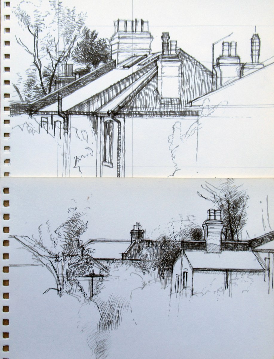 Sketchbook pages Rooftops Ilford #art #ArtistOnTwitter #ArtistOnX #artista #sketchbook #sketches #drawingart #drawing #urban #urbanphotography #suburbs #contemporarypaintings #contemporary  #Rooftop #trees