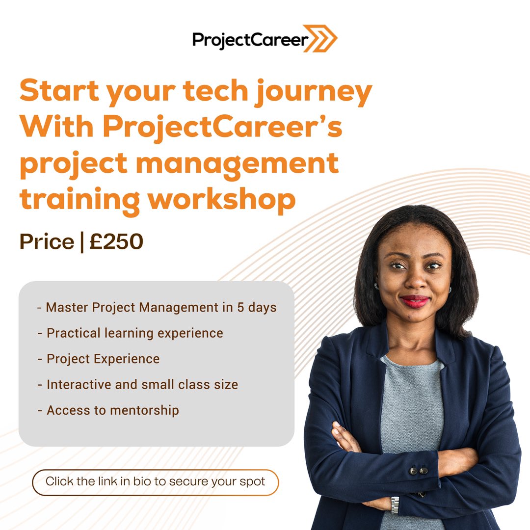 Embark on your tech journey with ProjectCareer’s intensive project management training workshop! 
Gain mastery in just 5 days with practical learning, interactive sessions, and real project experience.

#ProjectManagement 
#TechSkills #CareerDevelopment #ProfessionalTraining