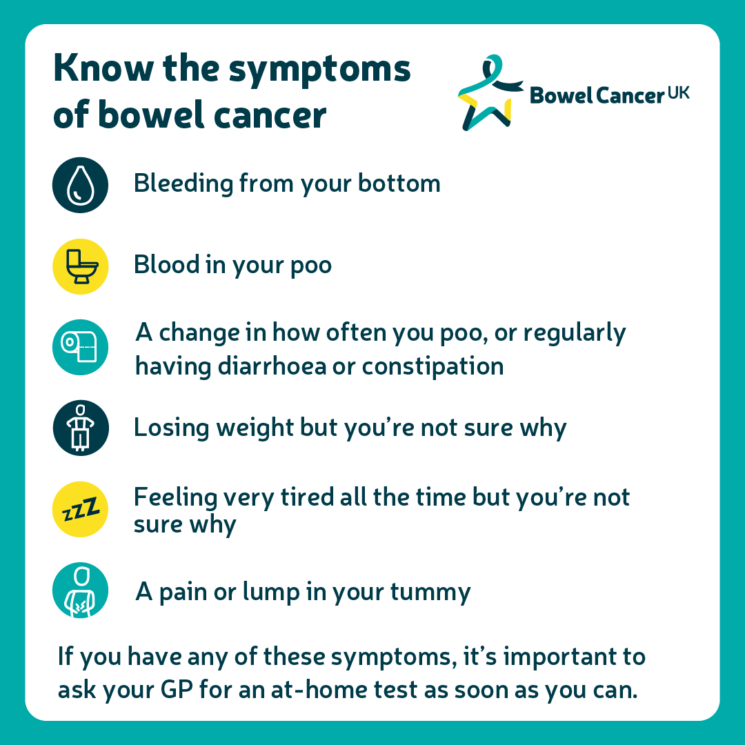 It’s the start of #BowelCancerAwarenessMonth!

Throughout April we’ll be sharing the #OneThing we want you to know about the disease. Today we’re sharing the possible symptoms of #BowelCancer.

Learn more and how we can support you👇
bit.ly/3TVlxfp